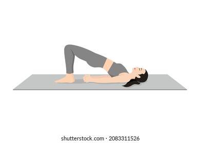 Variación de puentes Manos atadas, bella muchacha practica Setubandha Sarvangasana Variación Baddha Hasta. Joven atractiva practicando yoga. ejercicios, ropa deportiva negra