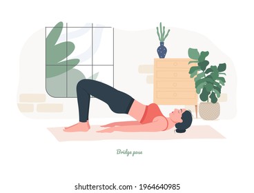 Bridge pose Yoga pose. Young woman practicing yoga  exercise. Woman workout fitness, aerobic and exercises. Vector Illustration.
