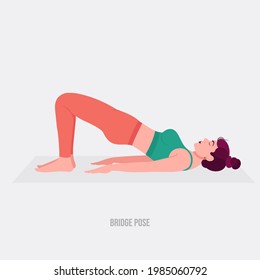 Bridge Pose Yoga pose. Young woman practicing yoga  exercise. Woman workout fitness, aerobic and exercises. Vector Illustration.