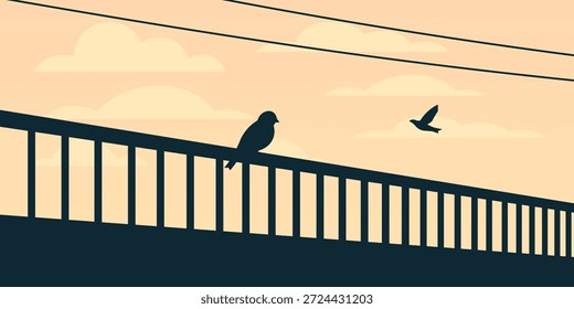 Ilustración de barandilla de puente. Silueta de perspectiva líder. Pájaro encaramado y detalle de pájaro volador. Suave cielo pastel con nubes. Escena de movimiento urbano tranquilo.