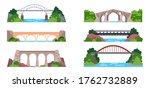 Bridge with railway or arch with highway. Architecture design of road over water. Metal, stone structure with columns. Construction for transportation, viaduct. Cityscape exterior element. Engineering