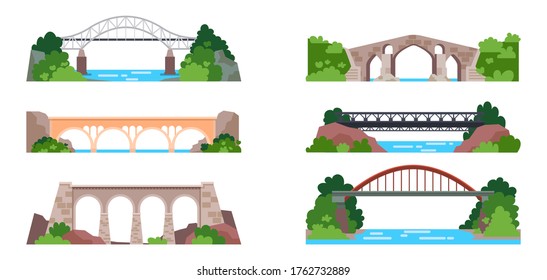 Bridge with railway or arch with highway. Architecture design of road over water. Metal, stone structure with columns. Construction for transportation, viaduct. Cityscape exterior element. Engineering