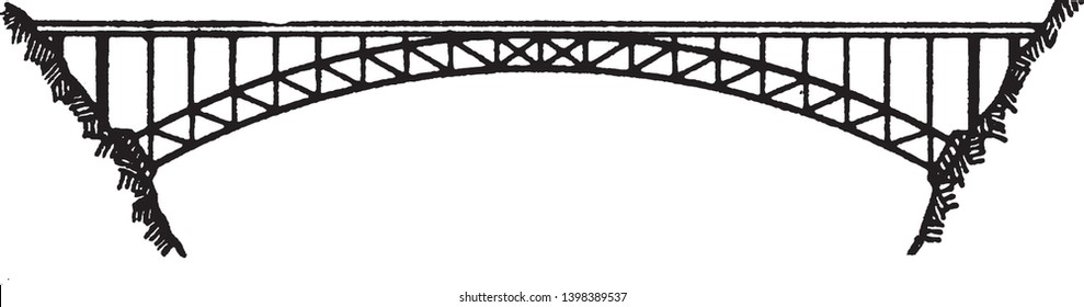 El Arco de la Llave de Puente es un puente de arco en el que las fuerzas horizontales del arco orientadas hacia el exterior son transportadas como tensión por un acorde que atan ambos extremos de arco, dibujo de la línea vintage o ilustración de grabado.