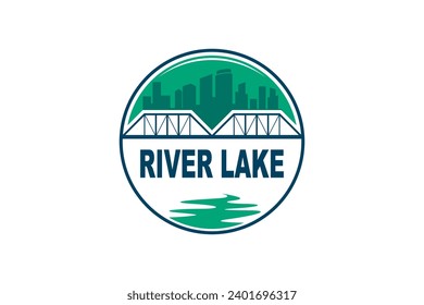 Bridge river city logo rounded shape icon illustration. Skyscreaper silhouette.