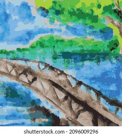 Bridge river forest flora water color