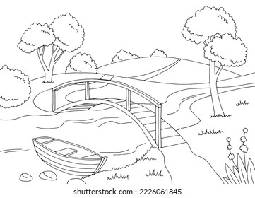 Bridge river graphic black white landscape sketch illustration vector 