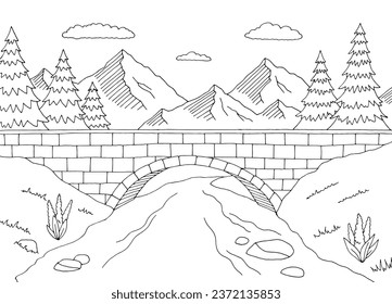 Bridge river graphic black white landscape sketch illustration vector 