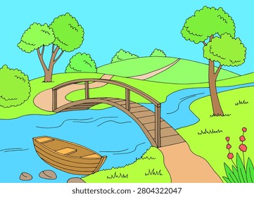 Bridge river graphic color landscape sketch illustration vector 