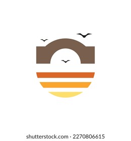 bridge river sunset bird colony colorful logo design vector icon illustration