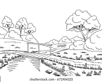 Bridge road graphic black white landscape sketch illustration vector