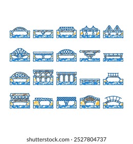 Vector del sistema de los iconos del doodle de la construcción del río de la carretera del puente. arco de ciudad del arte de la línea del boceto, metal del edificio, arquitectura de acero del ferrocarril del viaducto, ilustraciones del color del río del puente levadizo del puente de suspensión