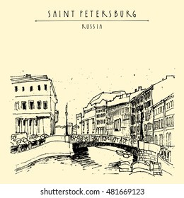 Bridge in Saint Petersburg, Russia. Old town. Historic classical buildings on the river Moika. Vintage artwork. Travel postcard, poster template in retro style, book illustration. Vector
