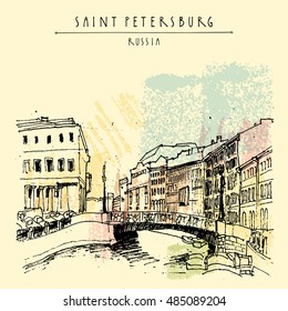 Bridge in Saint Petersburg, Russia. Old town. Historic classical buildings on the river Moika. Vintage artwork. Travel postcard, poster template in retro style, book illustration. Vector
