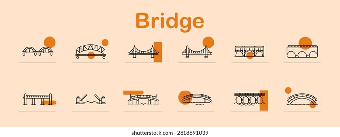 Bridge set icon. Modular crossing, steel framework, suspension pathway, elevated connection, reinforced viaduct, architectural overpass, waterfront structure, movable roadway