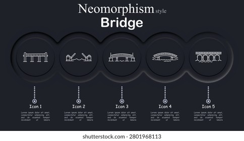 Bridge set icon. Neomorphic dark interface with circular buttons displaying pier bridge, drawbridge with towers, arch bridge, curved bridge, stone viaduct, thin outline style