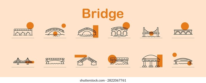 Bridge set icon. Stone viaduct, river crossing, arched construction, historic pathway, suspension connection, elevated roadway, transport infrastructure, movable drawbridge