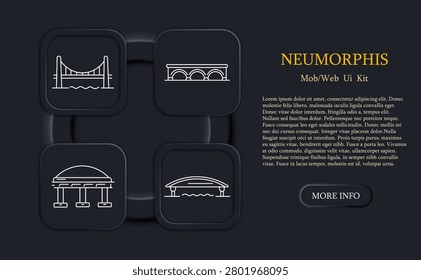 Bridge set icon. Suspension, arch, river crossing, infrastructure, transport connection, engineering, city landmark, road link, construction, travel route, urban design.