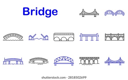 Bridge set icon. Suspension crossing, arched viaduct, drawbridge, river overpass, steel construction, transport infrastructure, engineering landmark, urban connection, roadway architecture