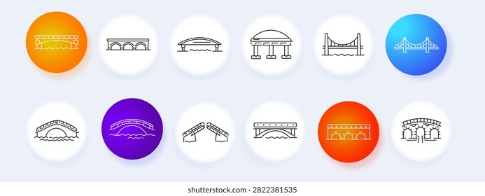 Bridge set icon. Suspension crossing, arched viaduct, drawbridge construction, river passage, roadway engineering, urban infrastructure, travel connection, architectural landmark