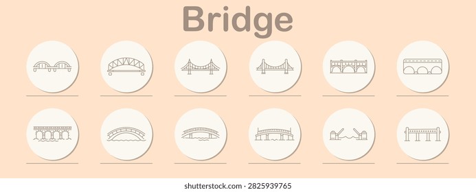 Bridge set icon. Suspension crossing, steel archway, river viaduct, elevated roadway, movable gateway, transportation connection, engineering structure, metropolitan infrastructure