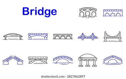 Bridge set icon. Suspension crossing, stone viaduct, drawbridge, river overpass, arched construction, transport infrastructure, urban connection, engineering landmark, roadway architecture