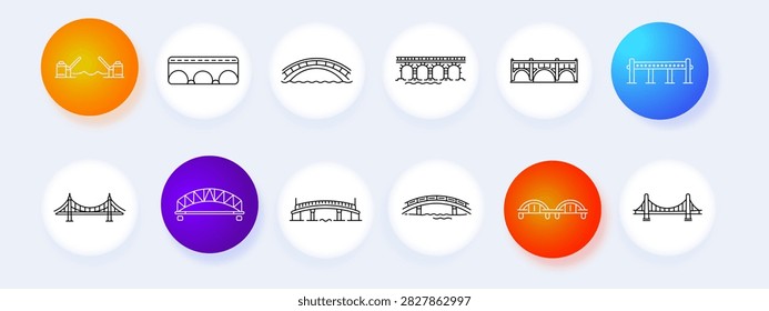 Bridge set icon. Suspension structure, arch crossing, drawbridge construction, river connection, transportation infrastructure, engineering landmark, roadway passage, urban architecture