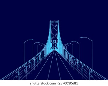 Bridge is shown in blue with a dark sky in the background. The bridge is very long and has a very tall structure