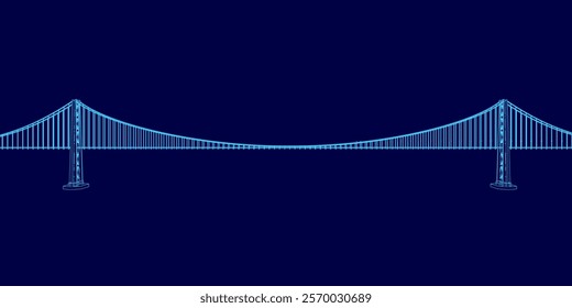 Bridge is shown in blue with a white line running through it. The bridge is very long and is the main focus of the image