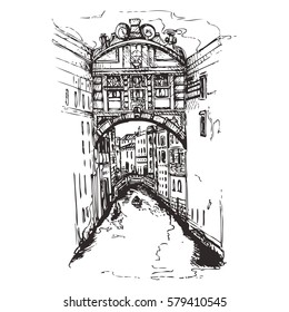 Bridge of Sighs at Doge's Palace, Venice, Italy.Italy with houses and water, drawn in sketch style.