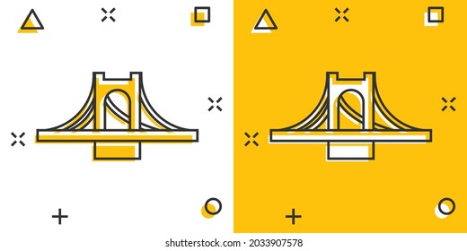 Bridge sign icon in comic style. Drawbridge vector cartoon illustration on white isolated background. Road business concept splash effect.