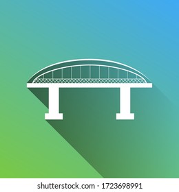 Bridge sign. White Icon with gray dropped limitless shadow on green to blue background. Illustration.