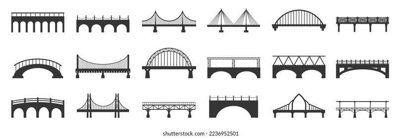 Bridge silhouette. Abstract footbridge constructions with stone metal girders, industrial urban architecture building black icons. Vector isolated set. Road connection for transportation