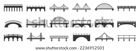 Bridge silhouette. Abstract footbridge constructions with stone metal girders, industrial urban architecture building black icons. Vector isolated set. Road connection for transportation