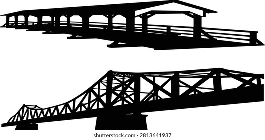 Bridge silhouette collection featuring covered wooden bridge and steel truss bridge designs