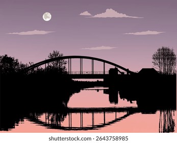 The bridge silhouetted, likely an arched structure, is seen in silhouette, reflecting in the calm water below. 