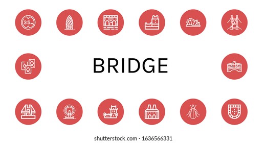 bridge simple icons set. Contains such icons as Height limit, Gherkin, Bridge, Belem tower, Sydney opera house, London eye, National palace of sintra, can be used for web, mobile and logo