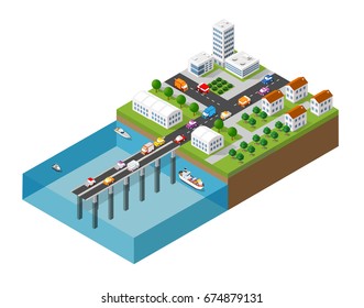The bridge skyway of urban infrastructure is isometric for games, applications of inspiration and creativity. City transport organization objects in 3D dimensional form