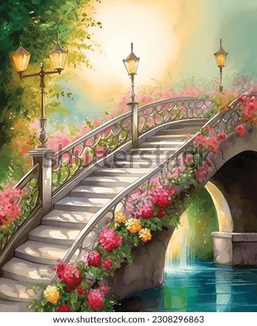 Bridge Staircase with flowers watercolor painting