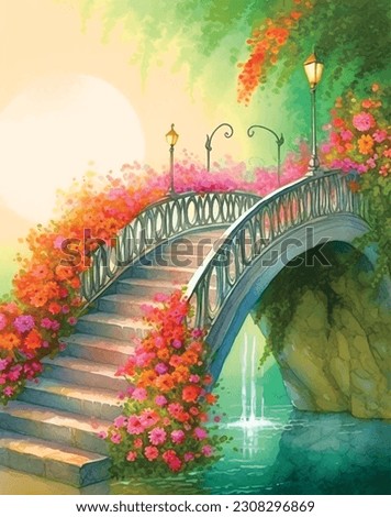 Bridge Staircase with flowers watercolor painting ilustration