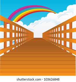 A bridge stretching into the sky with clouds and a rainbow. Vector illustration.