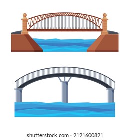 Bridge Structure Carrying Road Across River Vector Set