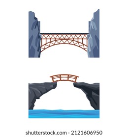 Bridge Structure Carrying Road Across River Vector Set