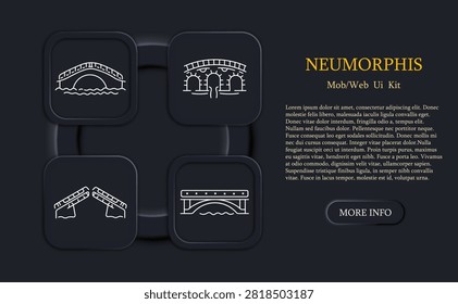 Bridge structure set icon. Line icons display arch bridge over water, multi arch bridge, drawbridge raised, modern bridge design, transport crossing, river connection, infrastructure concept