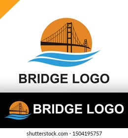 The bridge with the sun behind it and the two shapes at the bottom, the creative concept of the bridge logo design. The logo on the white and black background. White space Style design
