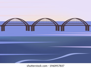 Bridge at sunset,  sunrise, dawn. An architectural structure of a city pedestrian or transport bridge across the river. Picturesque landscape with morning or evening sun. Vector