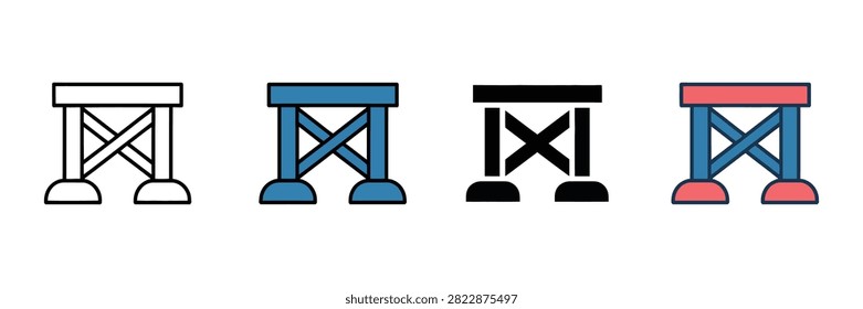 Bridge support construction icons depicted in four distinct graphic variations including outline flat solid and colorful styles for modern engineering projects or architectural design presentations showcasing heavy structural steel pillar base.