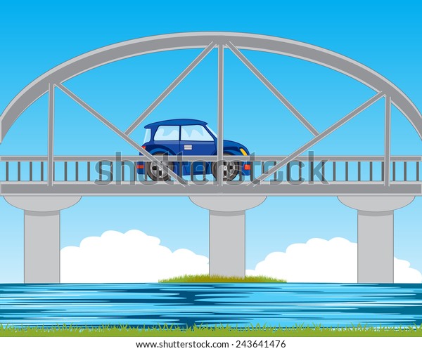 Bridge through river\
and blue car on him