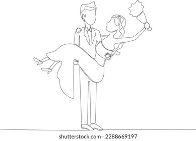 A bridge throws the bouquet while being carried by the groom. Wedding one-line drawing