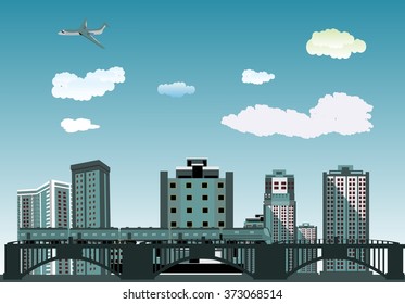  bridge and train,City buildings view vector illustration, buildings, ,bridges, trains,  Blue sky on background. 3D arcitecture