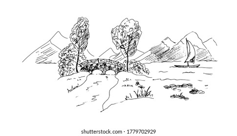 A Bridge with trees next to it, and sailboat at sea with mountains in background. Sketch. Vector illustration.